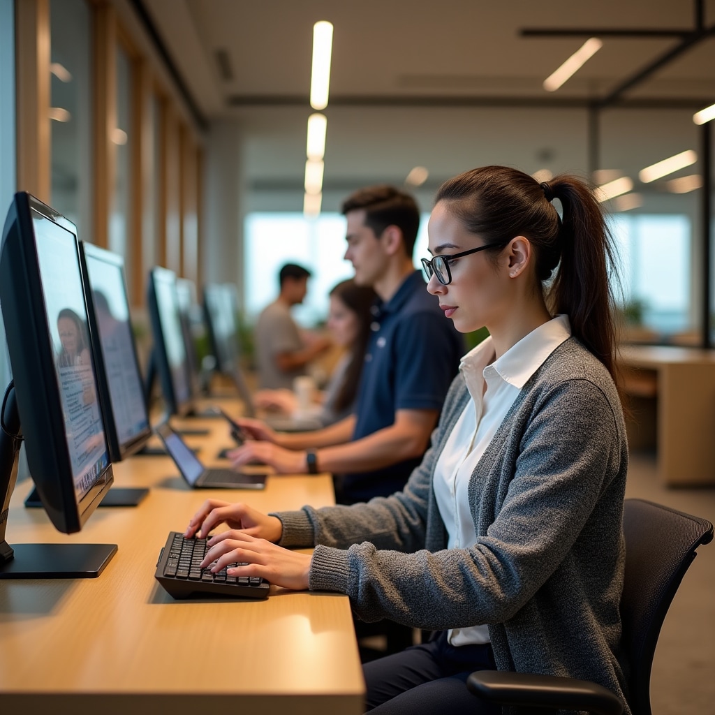 Inclusive library workspace with diverse professionals using various devices and accessibility tools