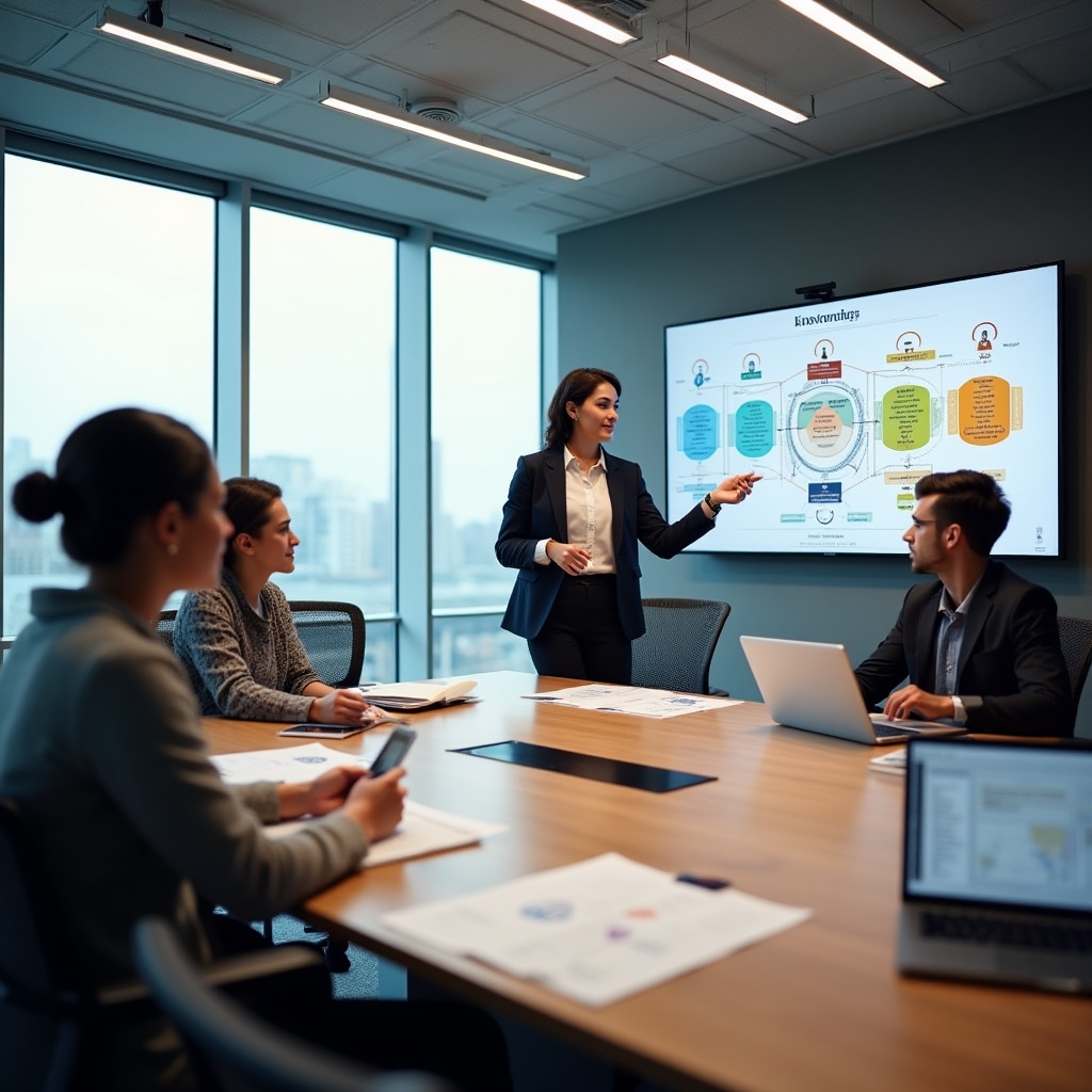 Professional team conducting knowledge infrastructure assessment with charts and analysis documents