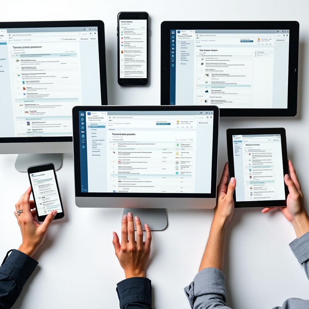 Multiple screens showing scalable digital library interface with various content types and search functions