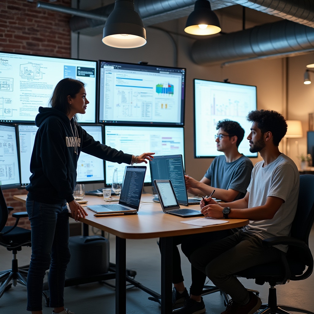 Technology team implementing digital library platform with multiple screens and system architecture diagrams