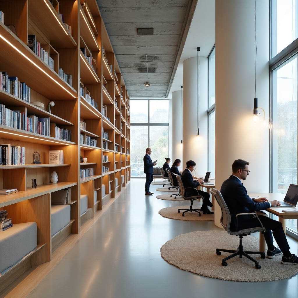 Modern corporate library with organized shelving and digital workstations