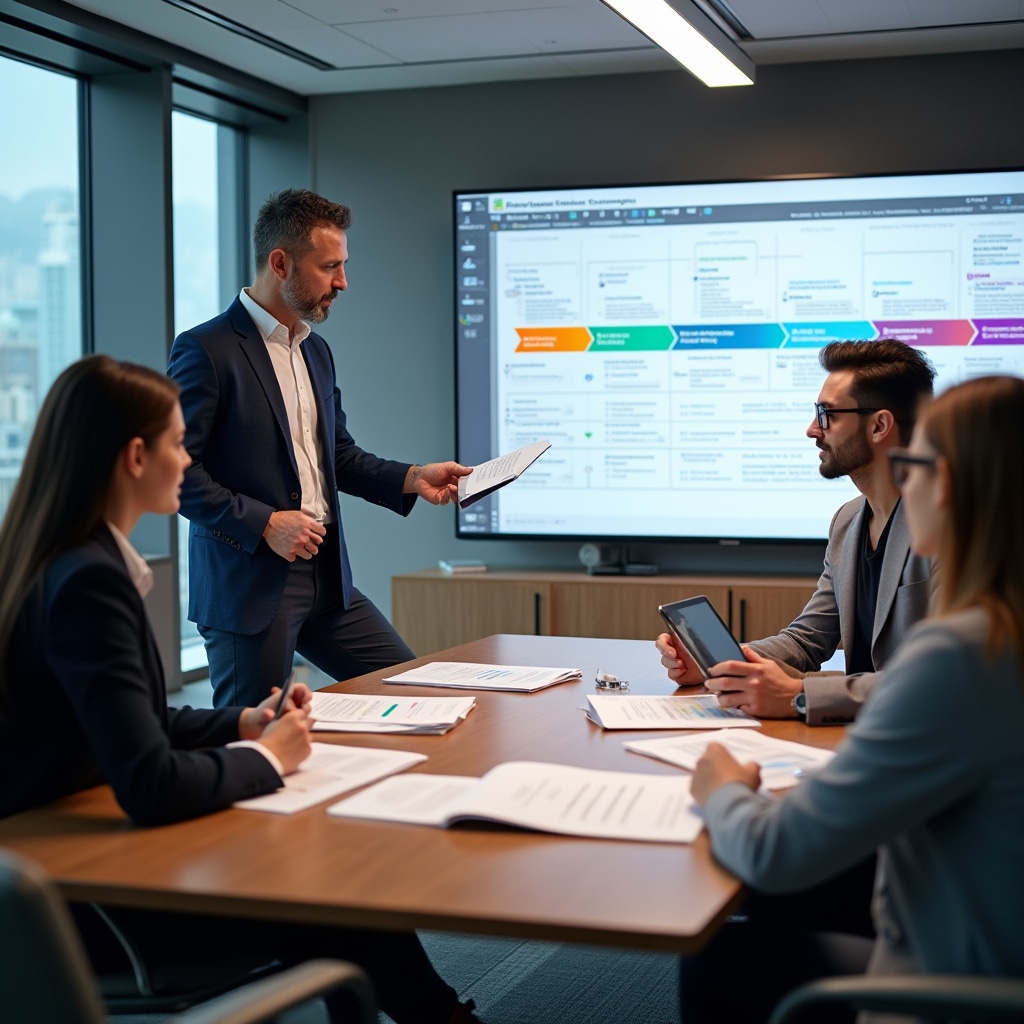 Professional consultation meeting in modern office space with knowledge management materials