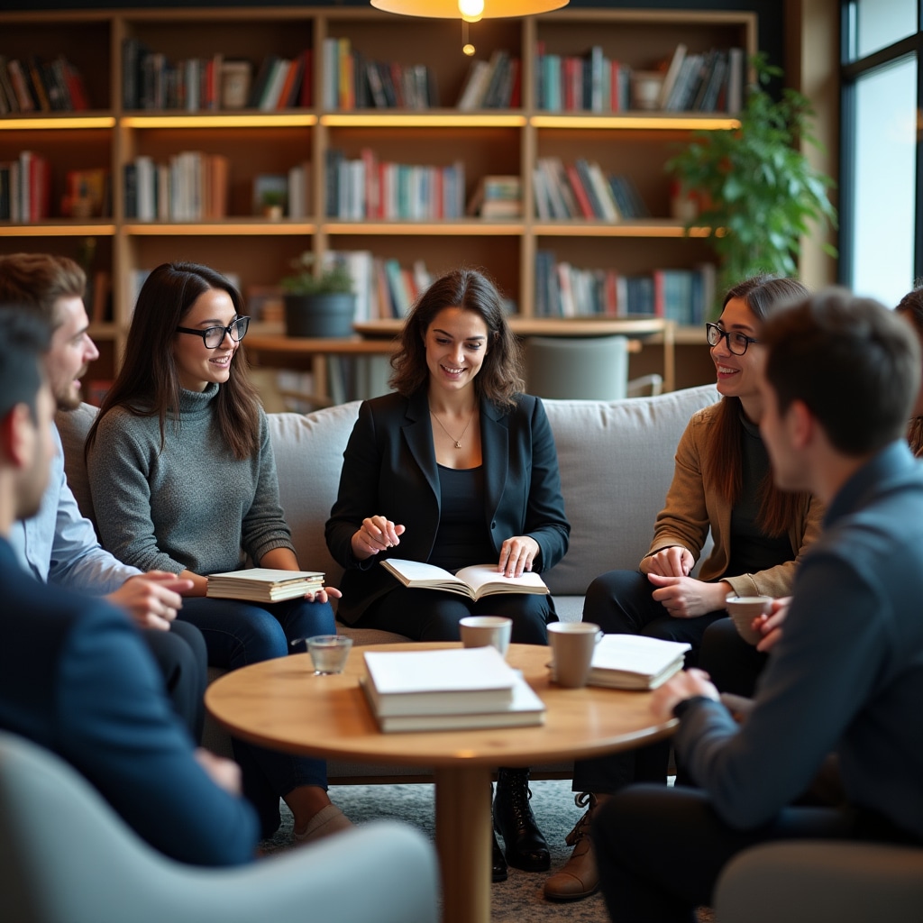 Engaged professionals participating in workplace learning event with books and collaborative discussion